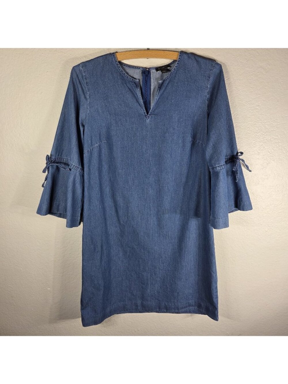 Ann Taylor Petite 2P Bell 3/4 Sleeve Chambray Shift Dress Blue Midi